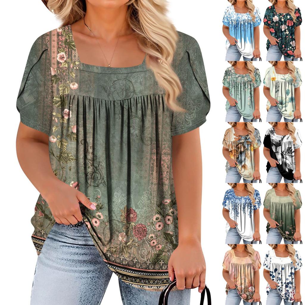 Women's Fashion Casual Printed Square Neck Short Sleeve Large Size T-Shirt Top
