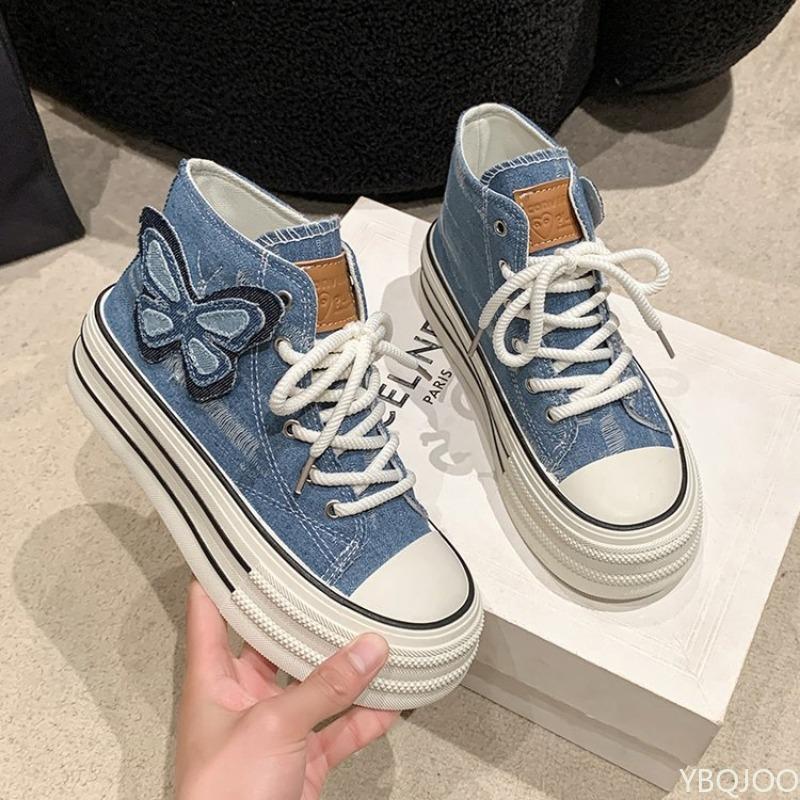 Fashion Thick Soled Women's Canvas Shoes Spring and Autumn New High Top Denim Butterfly Decorated Canvas Casual Versatile Board Shoes