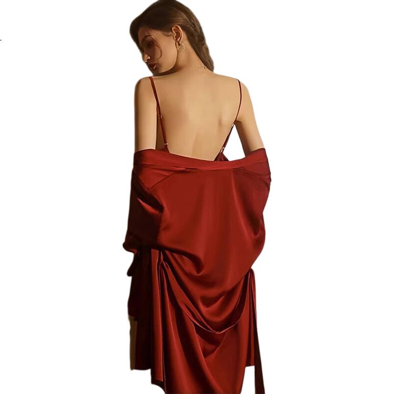XUEXIMAN Roupão de Manhã, Roupa de Dormir para Noiva, Camisola Sexy Feminina de Seda Gelada com Alças Finas, Conjunto de Duas Peças, Roupão de Casamento Elegante, Roupa de Casa