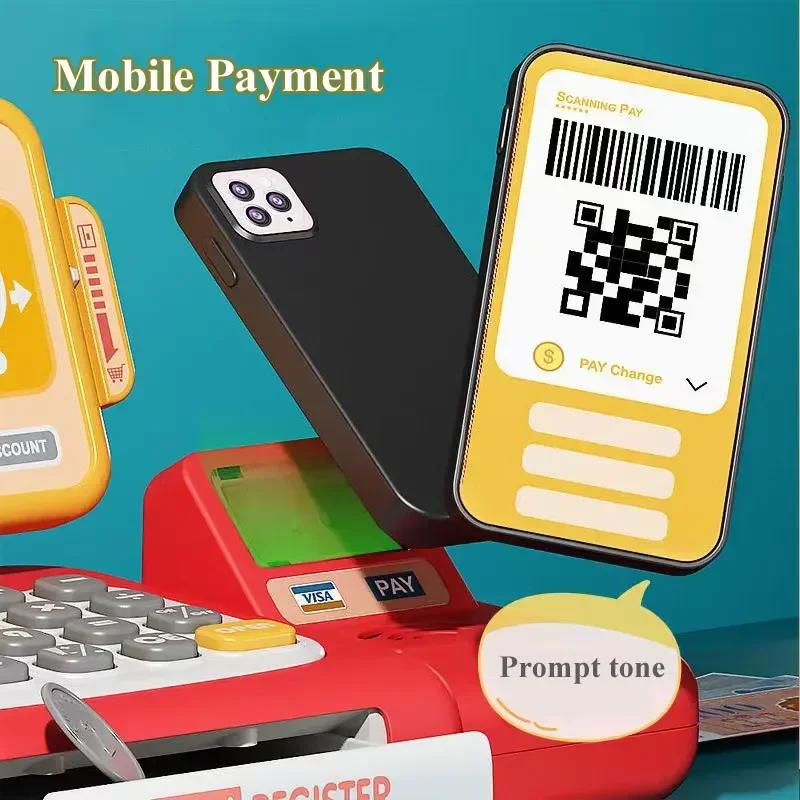Non-Toxic 36-63Pcs Pretend Play Calculator Cash Register Toy Supermarket Shop Cashier Registers With Scanner Shopping Toys Gifts For Kids