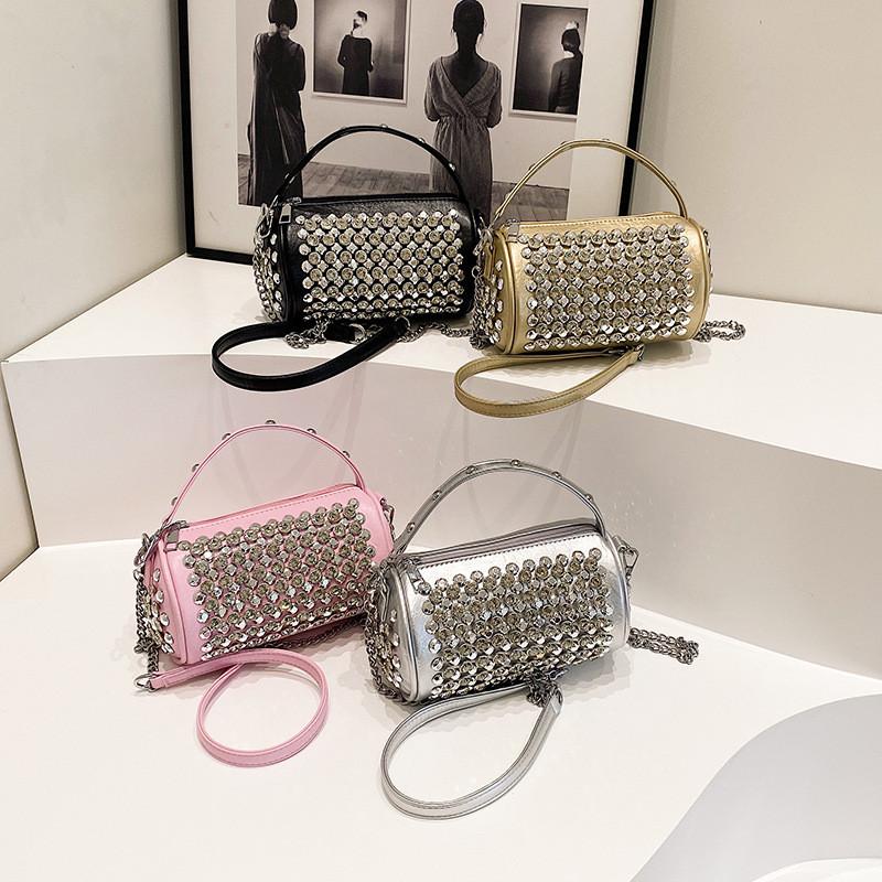 IELGY Cylindrical Female Bag with Diamond Crossbody Chain Pillow Bag