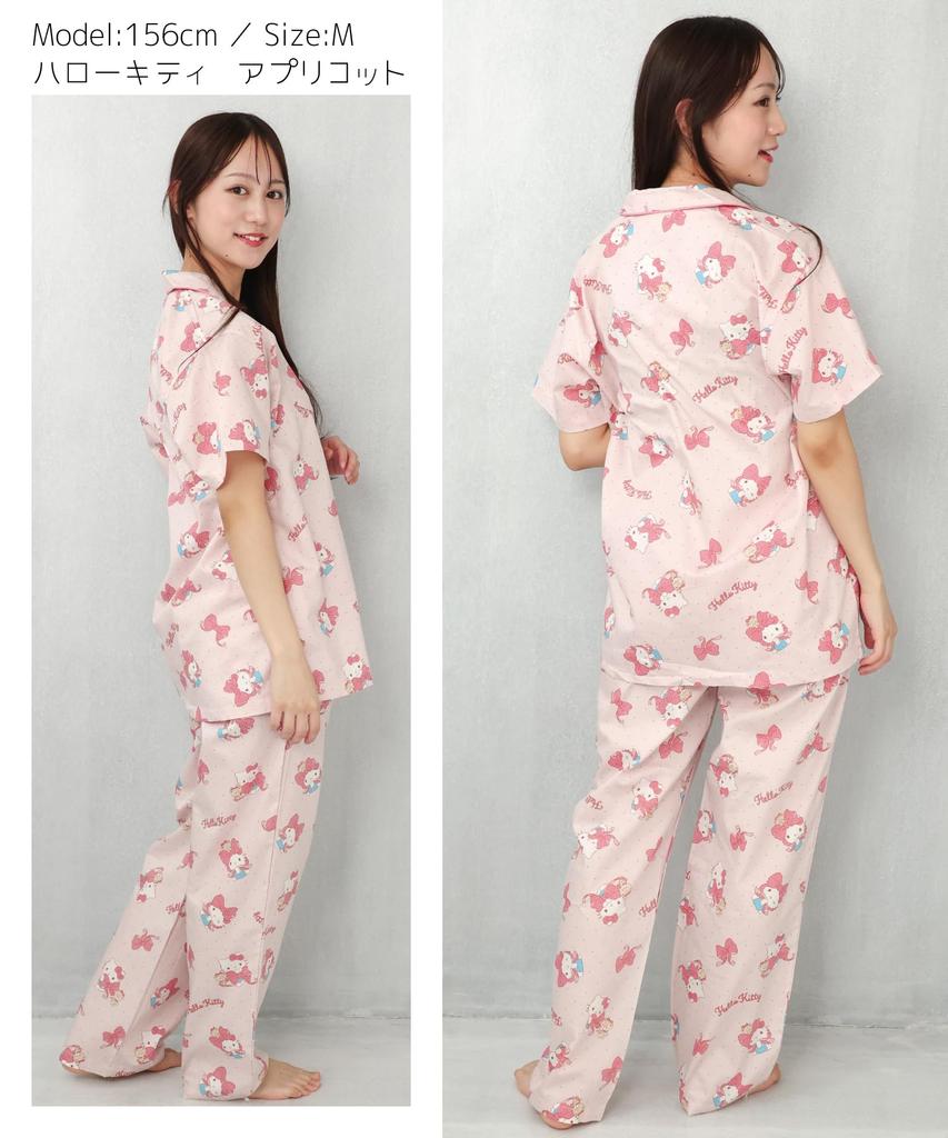 SAZAC Hello Kitty Shirt Cotton Short Sleeve and Long Pants Ribbon Hello Kitty Pajamas, 100% Broadcloth, Women's Set, Loungewear, (Apricot/M/SAN1799)