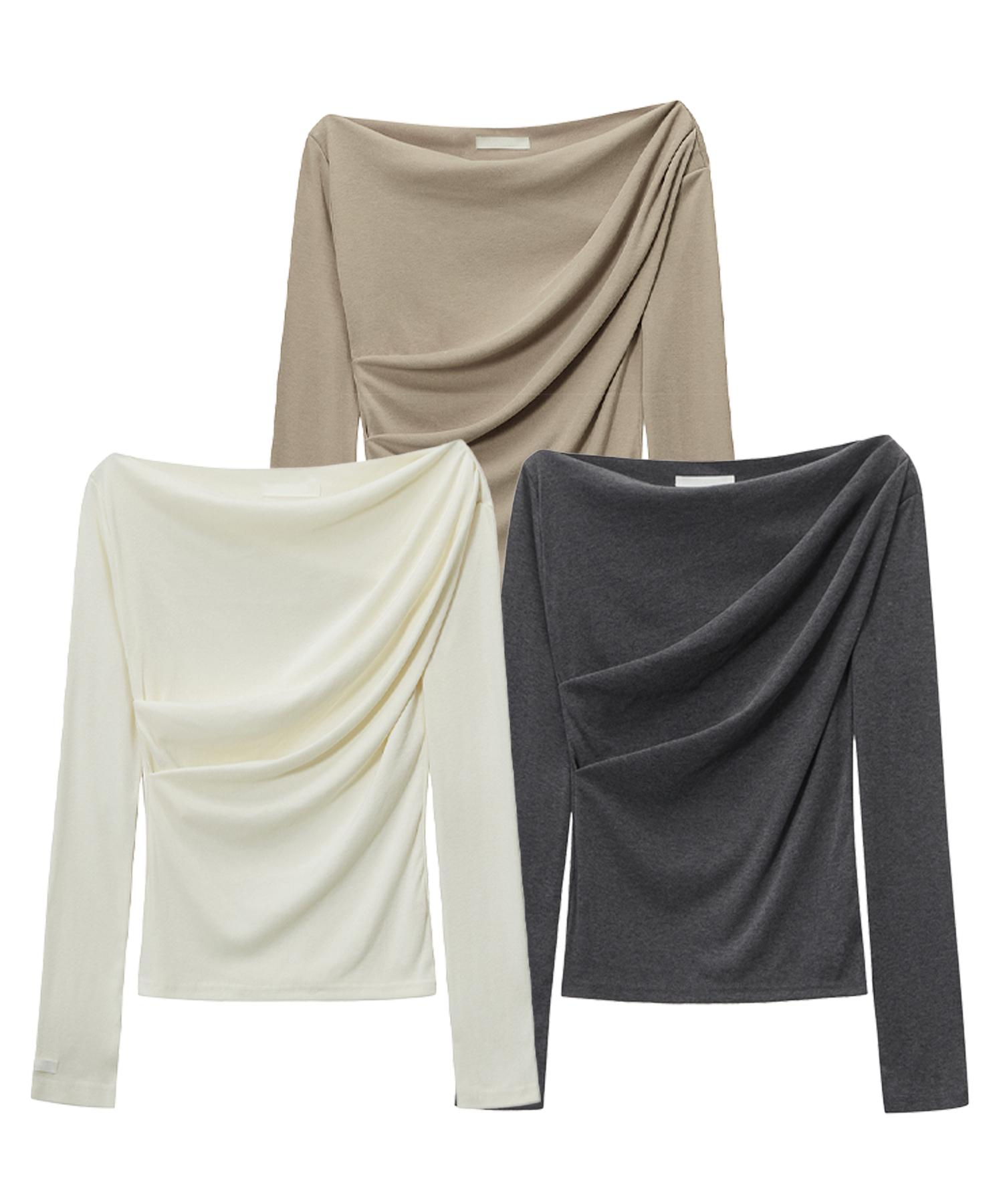 Canvas Boat Neck Draped Long Sleeve T-Shirt (3 Colors) Ivory/Free