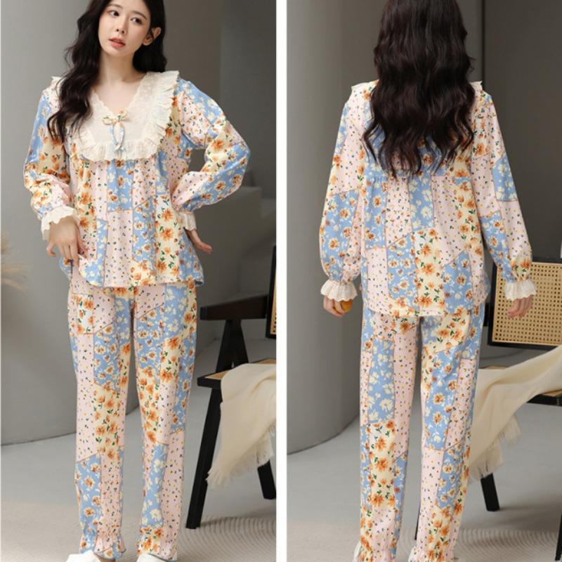 Large Size Plus 100 Pounds Pajama Suit Women's Spring and Autumn Pure Cotton Sweet Home Wear New Long-sleeved Trousers Home Wear Set