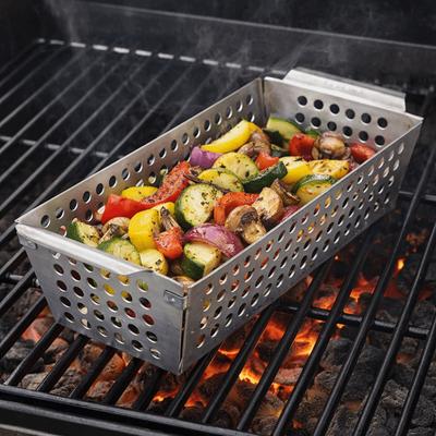 Stainless Steel Vegetable Grill Basket Double Handle Leakage Hole Design Grilling Plate Rectangular Reusable