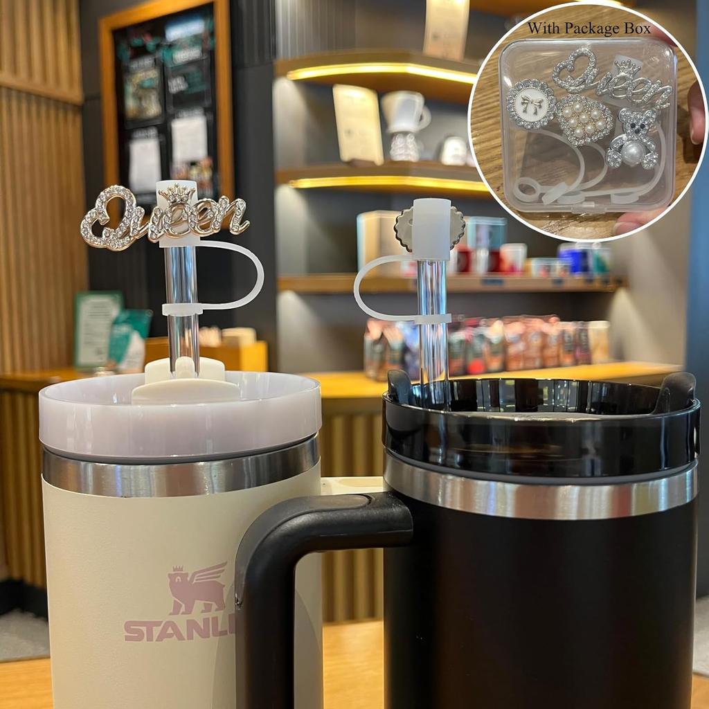 Bling Diamond Straw Cover for Stanley Cup Accessories - Silicone Straw Toppers with Silver Rhinestone fit 9-12mm Straws