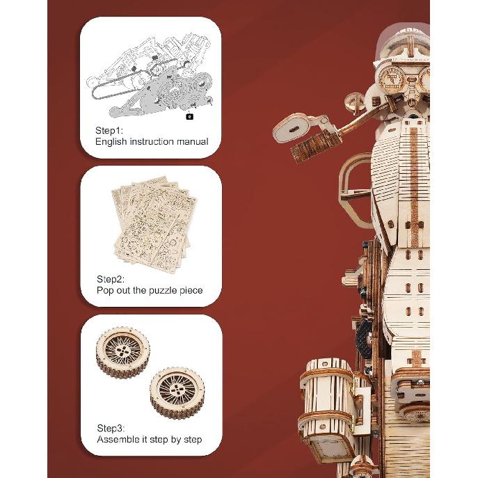 ROKR 3D Wooden Motorcycle Puzzle-Wood Model Car Kits To Build for Adults-Brain Teaser Gearjits Puzzle-1:8 Scale Cruiser Motorcycle As A Gift for