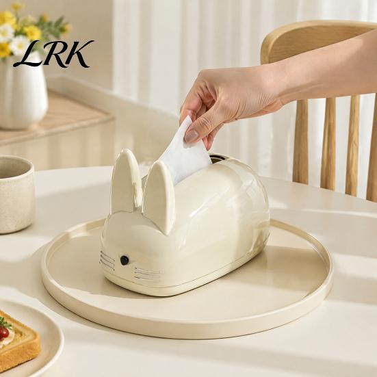 Bedroom Bedside Table Accessory Cute Rabbit Shape Tissue Box, Decorative Plastic Facial Dispenser, Round Bunny Ear Box Cream Style Napkin Case