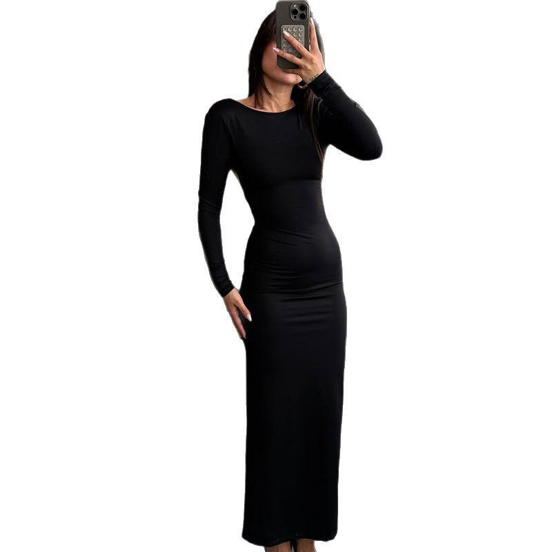 2025 Summer European & American Women's Long-Sleeve Backless Solid Color Fashion Evening Dress