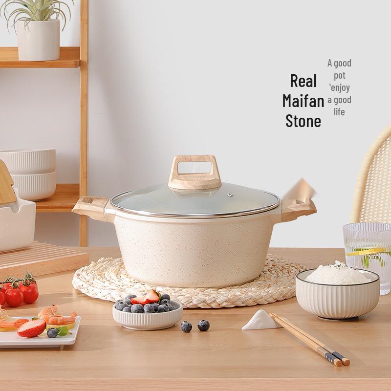 Maifan Stone 4L Non-stick Stew & Noodle Pot with Double-bottom and Glass Lid.