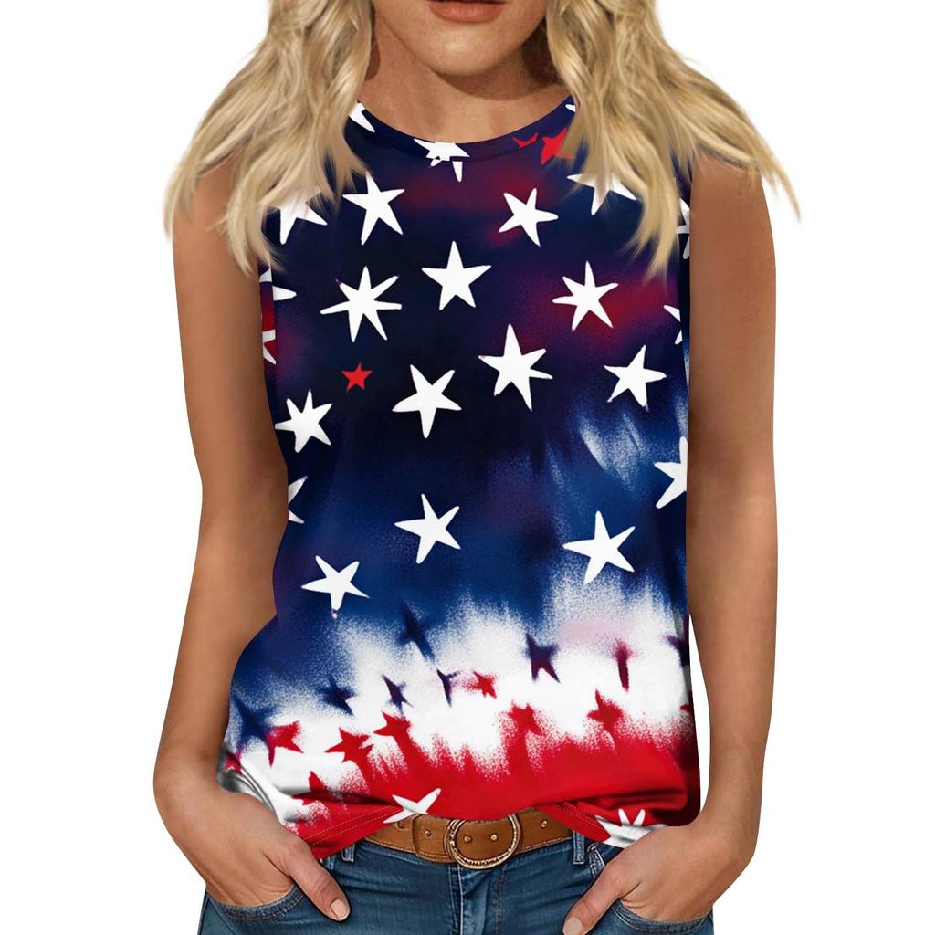 Women's Fashion Casual T-Shirt Round Neck Sleeveless Independence Day Printed Vest Top