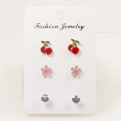 S925 Silver Needle Sweet Cherry Stud Earring Set Three Pack Cute Oil Drop Flower Diamond Earrings Women's Ears