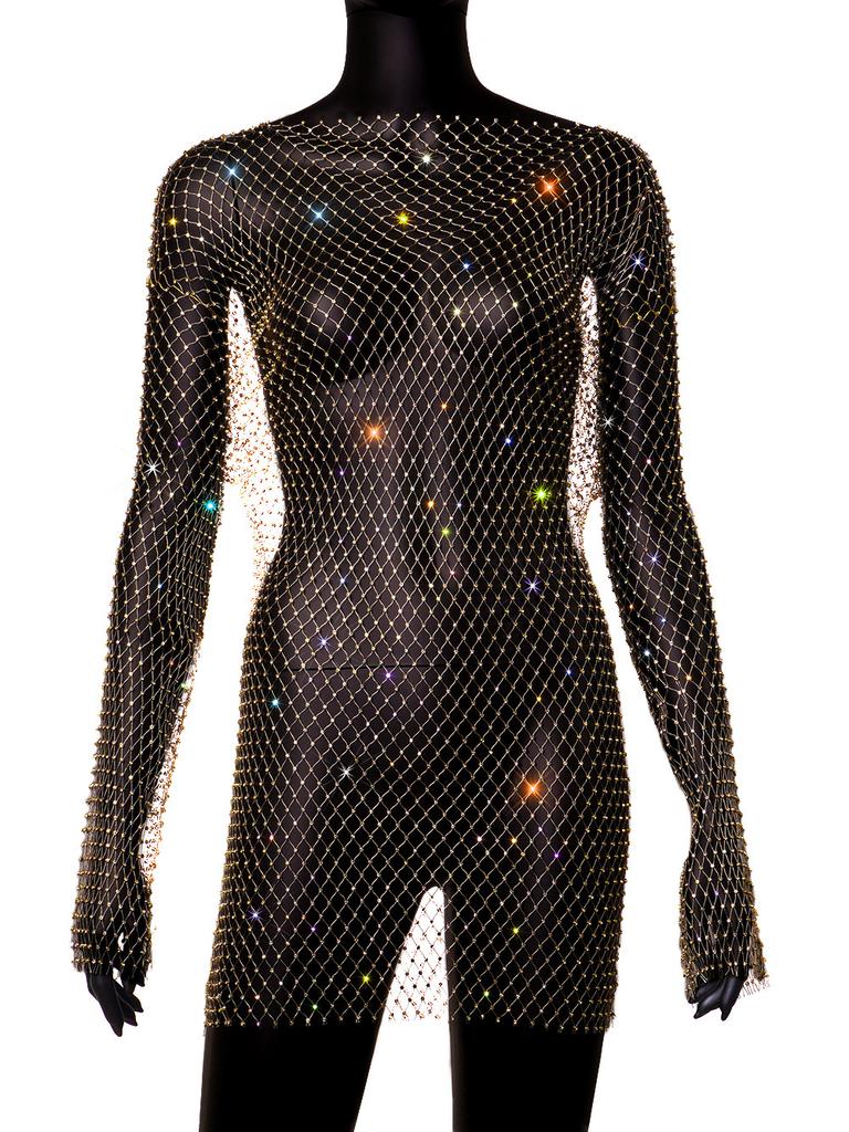 Women's Flared Sleeve Mesh Flash Diamond Crew Neck Dress Sexy Hollow Women's Dress