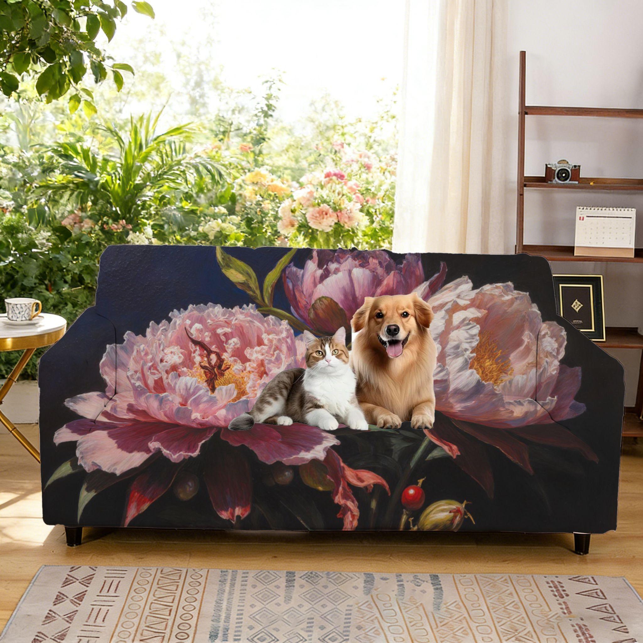 

Elastic sofa cover, quiet flower oil painting three peonies integrated sofa cover, furniture protective cover 1seat
