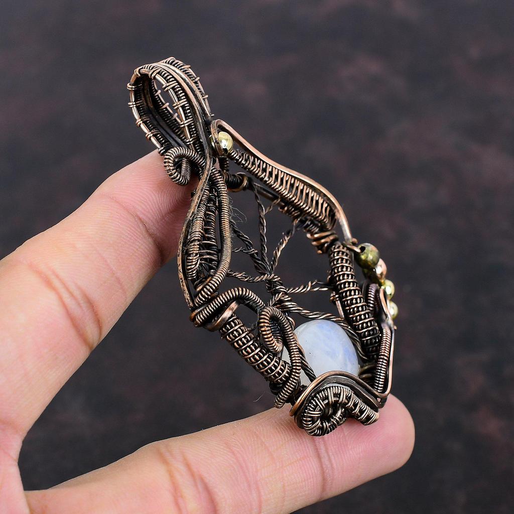 Baum des Lebens Regenbogenmondstein Anhänger Kupferdraht umwickelter Edelsteinanhänger Handgefertigter Schmuck Jubiläumsgeschenk für Mama Antiker Kupferschmuck