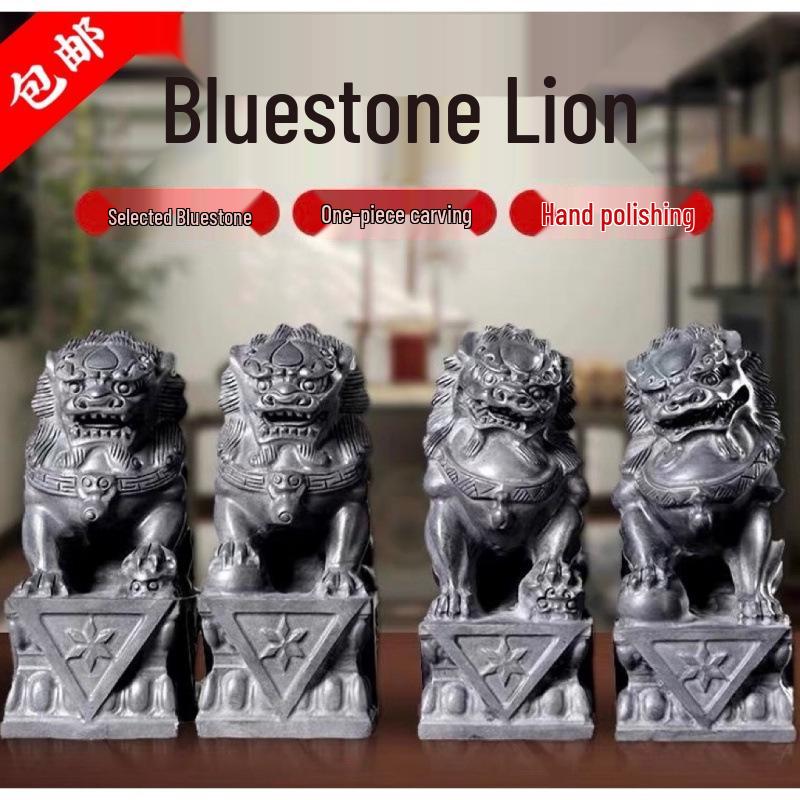 Bluestone Lion Pair: Hand-Carved Stone Ornaments for Home, Doorway, Courtyard, or Tombstone.