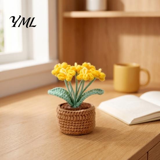 Handmade Knitted Potted Plant Crocheted Flower Plant, Artificial Yarn Ornament, Vibrant Multi-color Cute Desk Ornament for Office Desktop Car