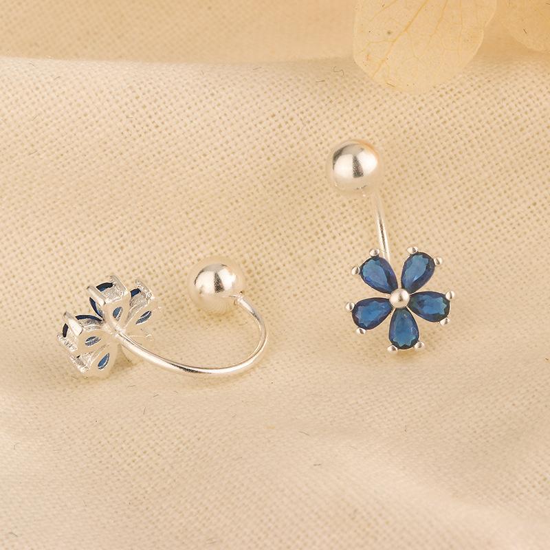 Blue Zircon Flower Curved Hook Earrings Elegant Niche High End Studs Fashion Jewelry