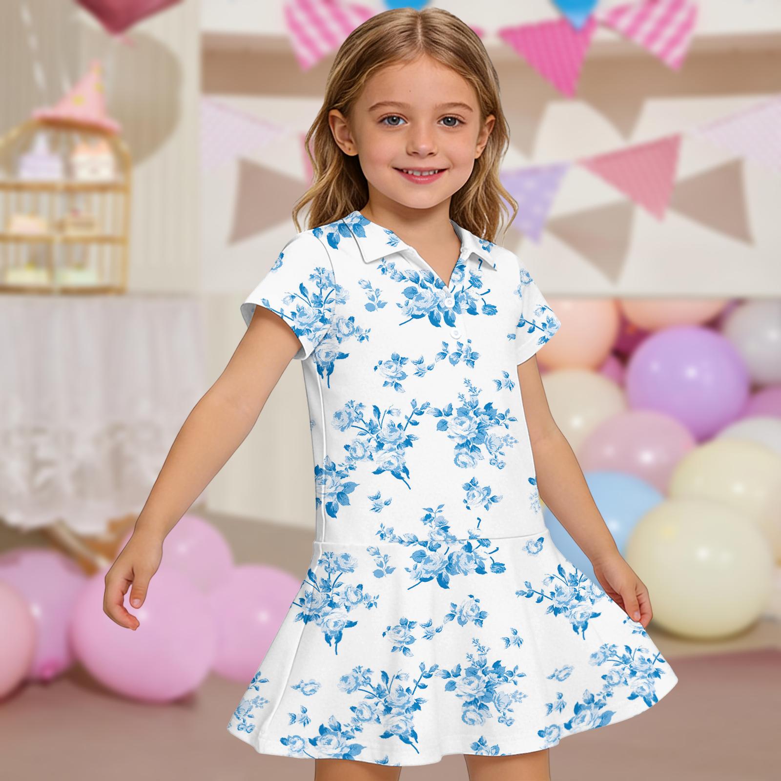 

Girls Short Sleeve Polo Dress Floral Print Casual Dress with Pockets Lightweight Comfortable Fabric Suitable for Daily Wear 130