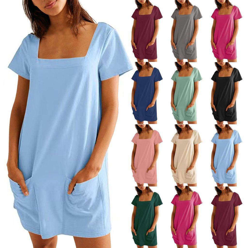 European and American Fashion: Women's Square Neck Short Sleeve Pocket Dress