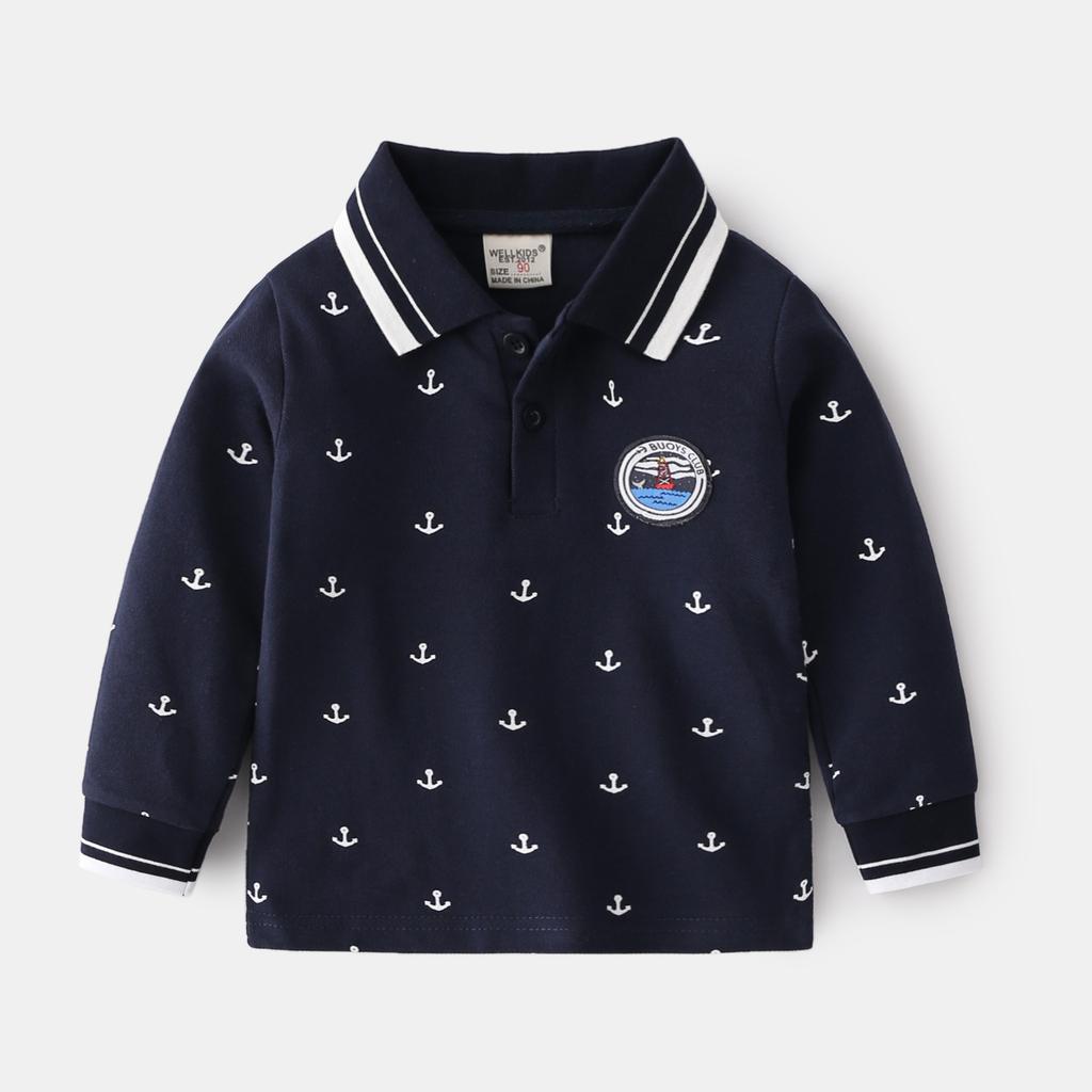 Boys Sailor Style Shirt Long Sleeve Navy White Collared Casual School Top for Kids