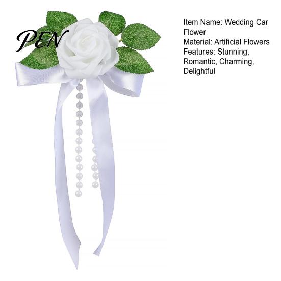 All Weather Car Flower Set Artificial White Rose Wedding Decoration, Door Handle & Rearview Mirror Bouquet Resistant Flowers with Satin Ribbon Bow And