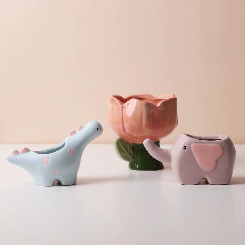 Cute Succulent Ceramic Flower Pot Animal Shape Elephant Dinosaur Plant Pot Desktop Balcony Decoration Home Decor Ceramic Vase