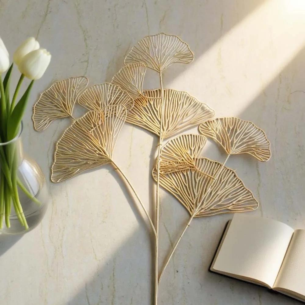 5PC Gold Ginkgo Eucalyptus Holly Three-Pronged Fan Leaf Netting Artificial Flowers for Wedding Arch Arrangement Home Decor Craft