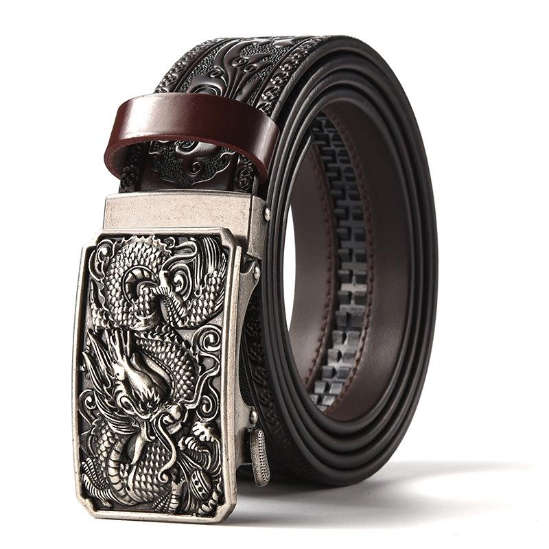 Men's Retro Dragon Head Genuine Leather Belt with Carved Embossed Design