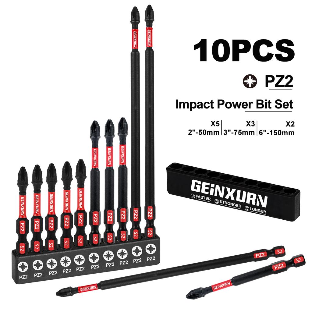 Pozidriv #2 PZ2 Impact Tough Screwdriver Power Bit Set, S2 Alloy Steel Bit with Storage Organizer