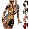 Ladies Fashion Long Sleeve V-neck Printed Packed Hip Tight Dress
