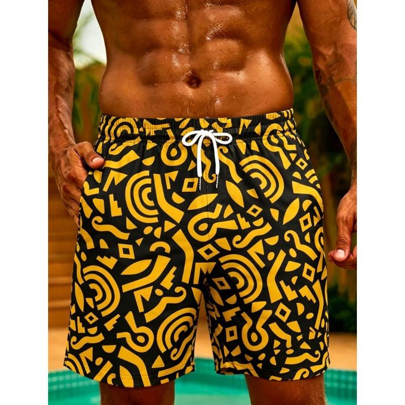 Men's Graffiti Line Printed Beach Shorts, Drawstring Quick Drying Beach Shorts, Suitable for Beach, Surfing, and Summer Wear