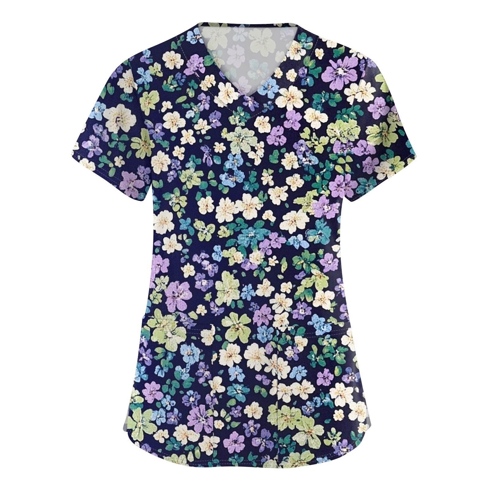 

Женская модная рабочая одежда с короткими рукавами с принтом и верхом с двойными карманами XL