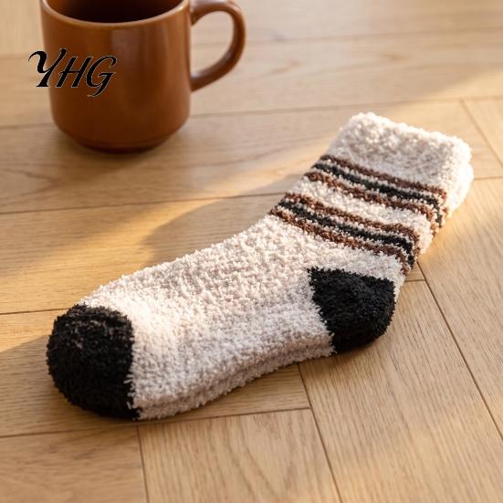 Skiing Thermal Layer Socks Thickened Coral Fleece for Men, Striped Mid-calf Socks, Soft Winter Gift Women Fuzzy Crew Winter, Cold Weather Warm