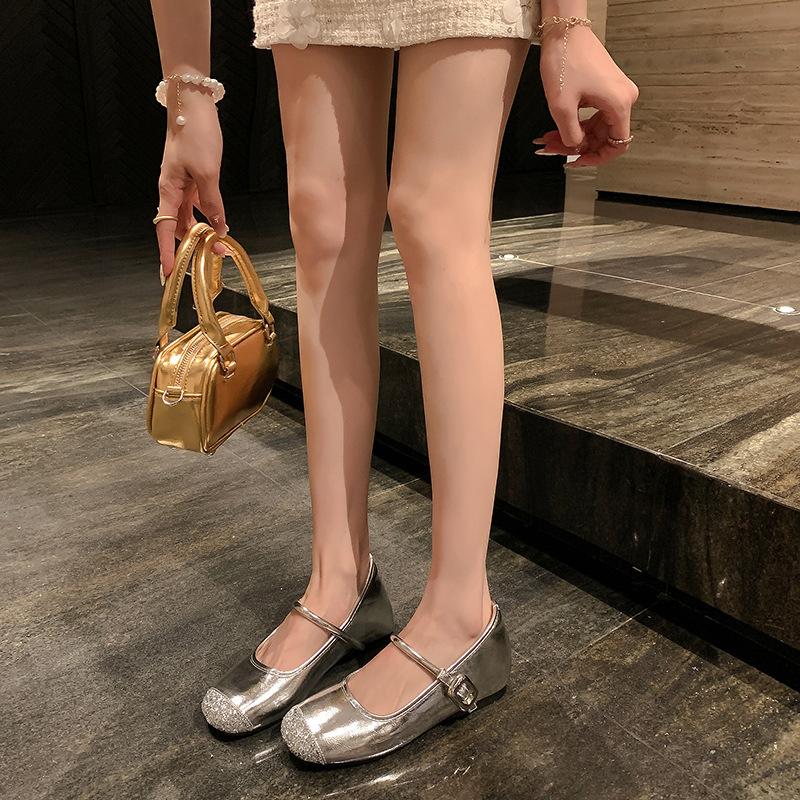 Small Man Inner Height Increase 5cm French Rhinestone Silver Mary Jane Soft-soled Ballet Shoes One Word with Light Mouth Single Shoes Women