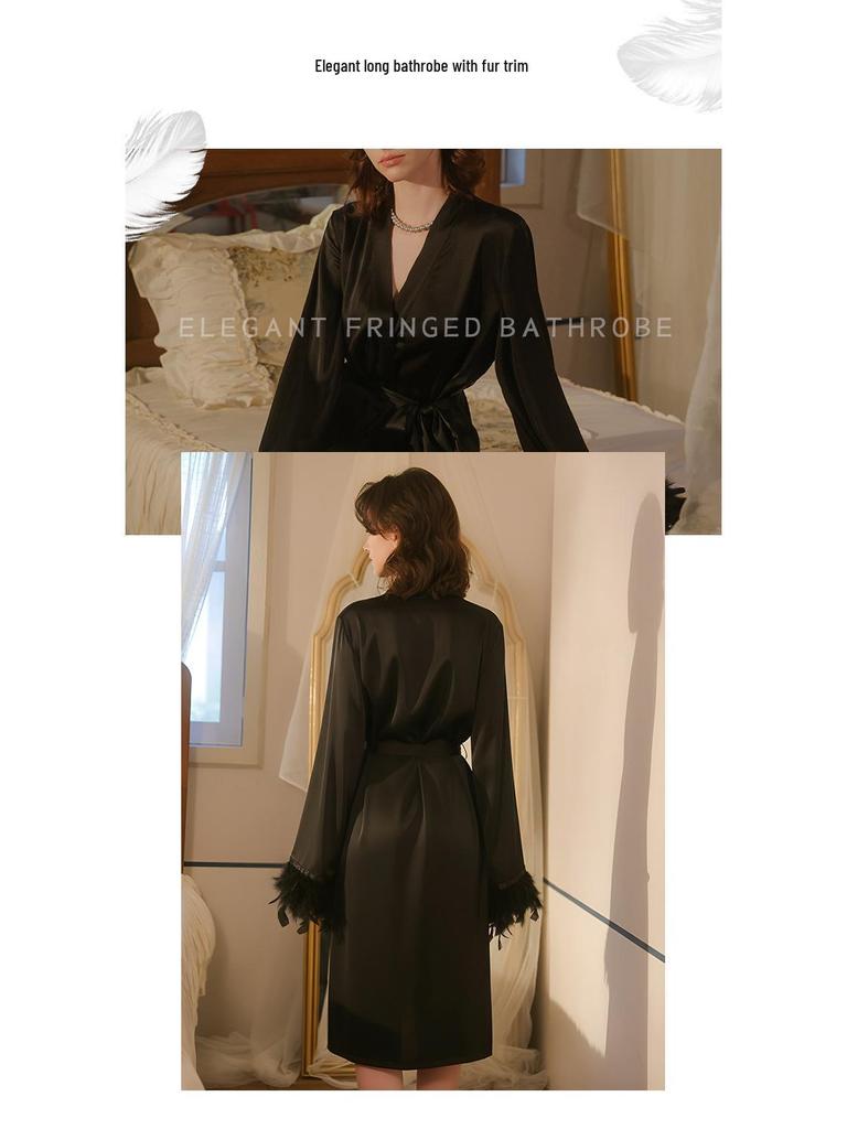 Elegant Satin Feather Sleeve Multi-color V-neck Tie-up Pajama Robe 942