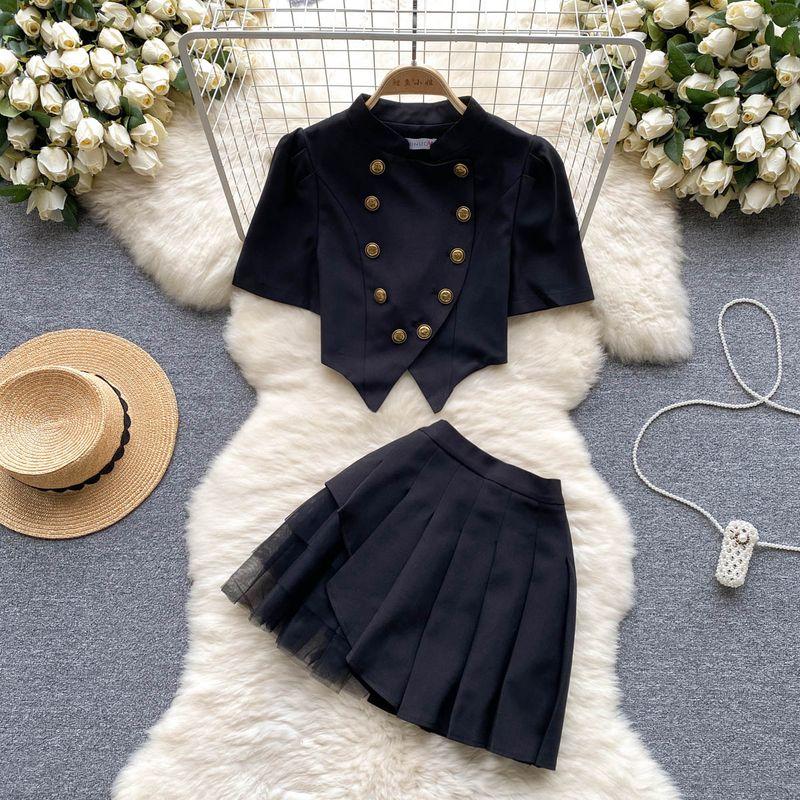 

Classic Style Double Breasted High Waist Slimming Mesh Tops Black M