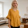 Women Tops Round Neck Short Sleeve Loose Fit Pullover Tops Pure Color Ruffle Hem Cuffs Casual Blouse Daily Wear