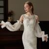 Elegant Yarn Bridal Arm Sleeves Pleated Lace Breathable Wedding Long Sleeves Lantern Shaped Solid Color Arm Covers Women