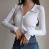 Women Lapel Slim Thin Jacket Buckle Sexy V-neck Long-sleeved POLO Collar Knitted Cardigan Sweater