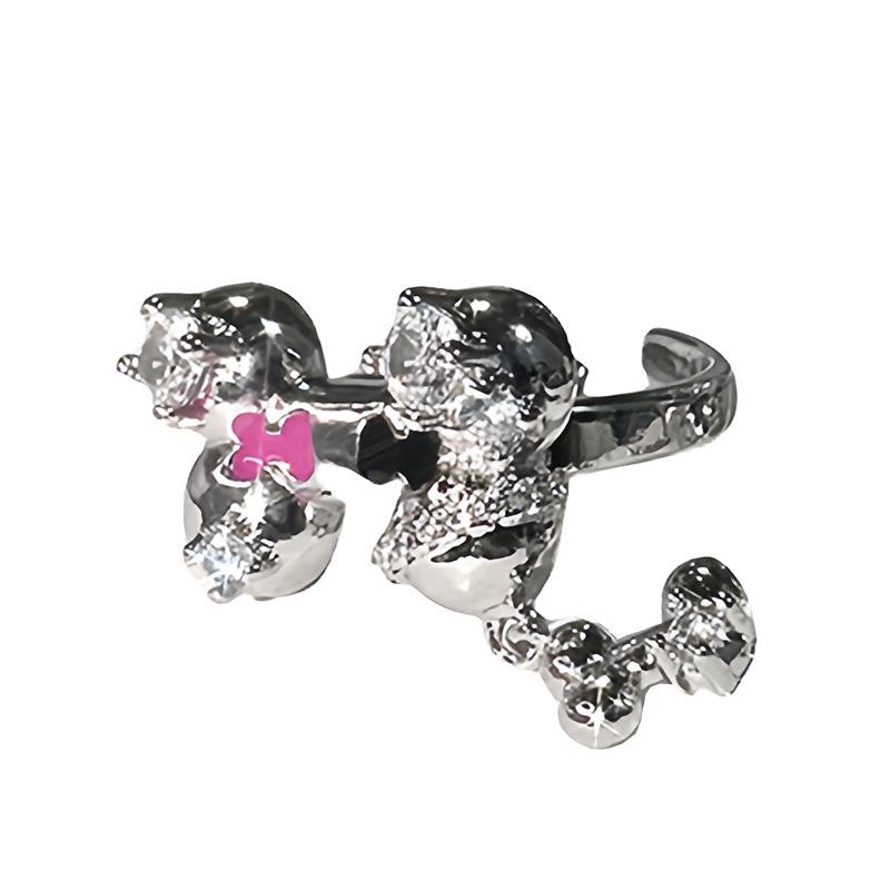 Osso di Cane Cartoon Goccia d'Olio Smalto Anello Aperto Pieno di Diamanti Zircone Sensazione di Lusso Impilabile Indossare Anello Sensazione di Lusso