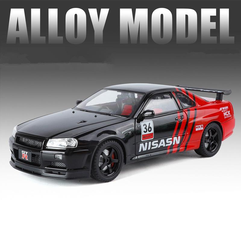 1/18 Nissan Skyline Ares GTR GT-R R34 Alloy Track Sports Car Model Diecast Metal Racing Car Vehicle Model Sound and Light Kids Toy Gift