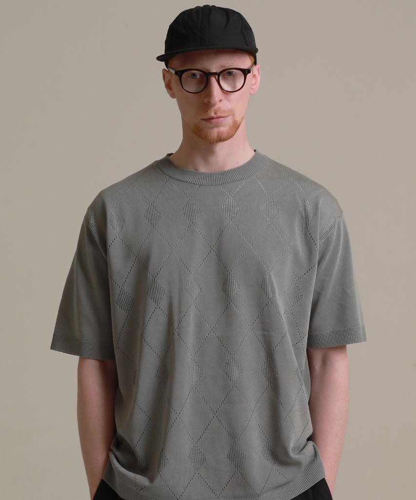 STAGE NAME Cool Soft Diamond Punching Knit Short Sleeve Tee_Gray