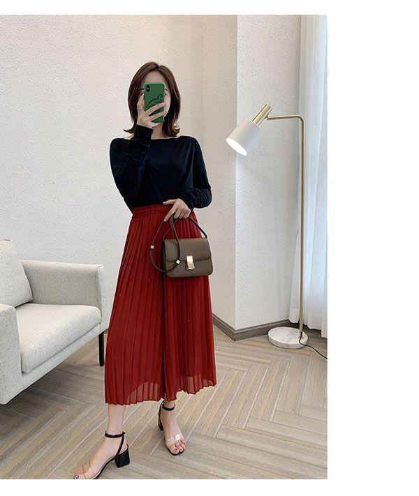 Chiffon Wide-Leg Pleated High-Waist Slimming Loose Fit Nine-Point Skirt Pants for Women