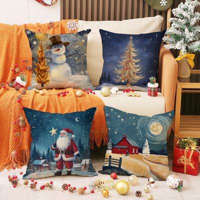 New Christmas Pillow Cover Holiday Decoration Santa Claus Print Cushion Linen Stain-resistant Home Sofa Cushion
