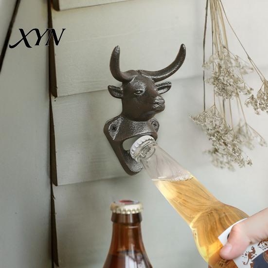 Animal Shape Bottle Opener Elk Cow Head Opener, Wall Mounted Beer Cap Remover, Rustic Iron for Home Bar, Industrial Decor Heavy Duty Cast