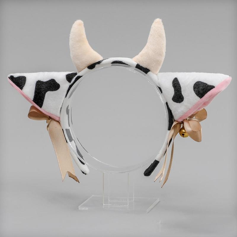 Cow Ears Horns Headband Bowknot Ribbon Bells Headwear Elastic Hair Hoop for Party Animal Cosplay Costume Accessories
