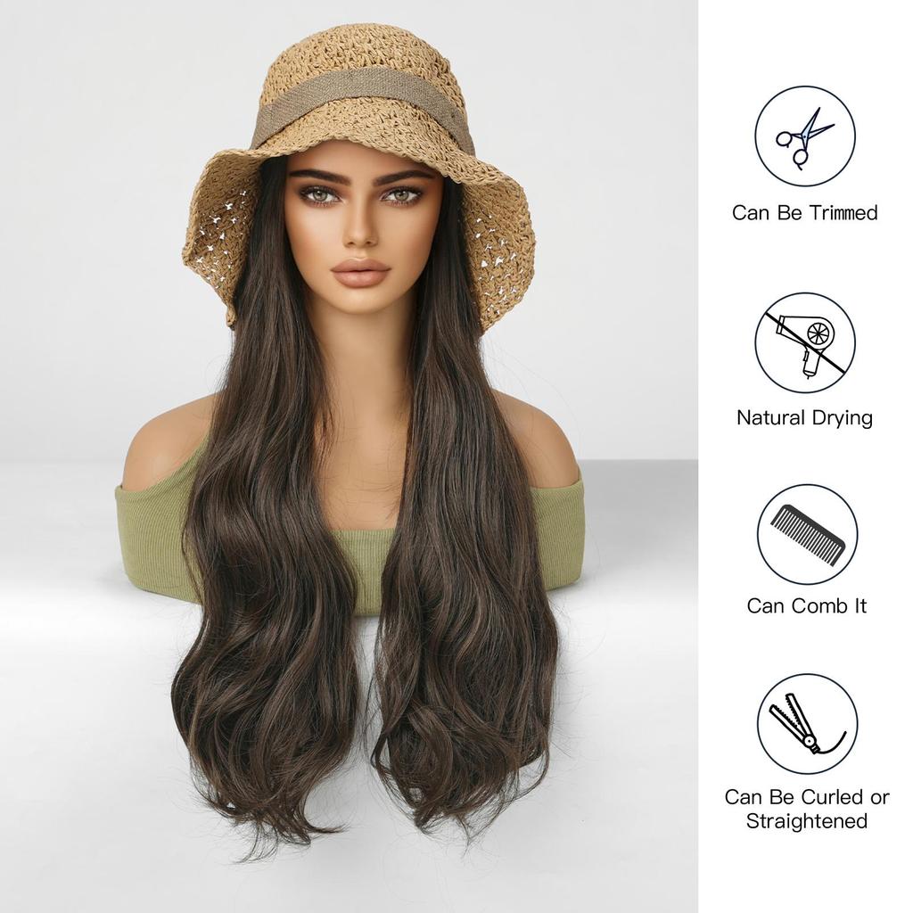 ALAN EATON Hat wigs Cap Brown Color Hair Extension Connect Summer Straw Hat for Women Heat Resistant Fiber Breathable Hat