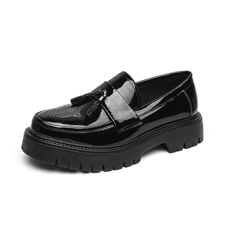Brand Fashion Men's White and Black Contrasting Set Foot Tassel Leather Shoes Spring New Thick Bottom Round Head Leather Shoes