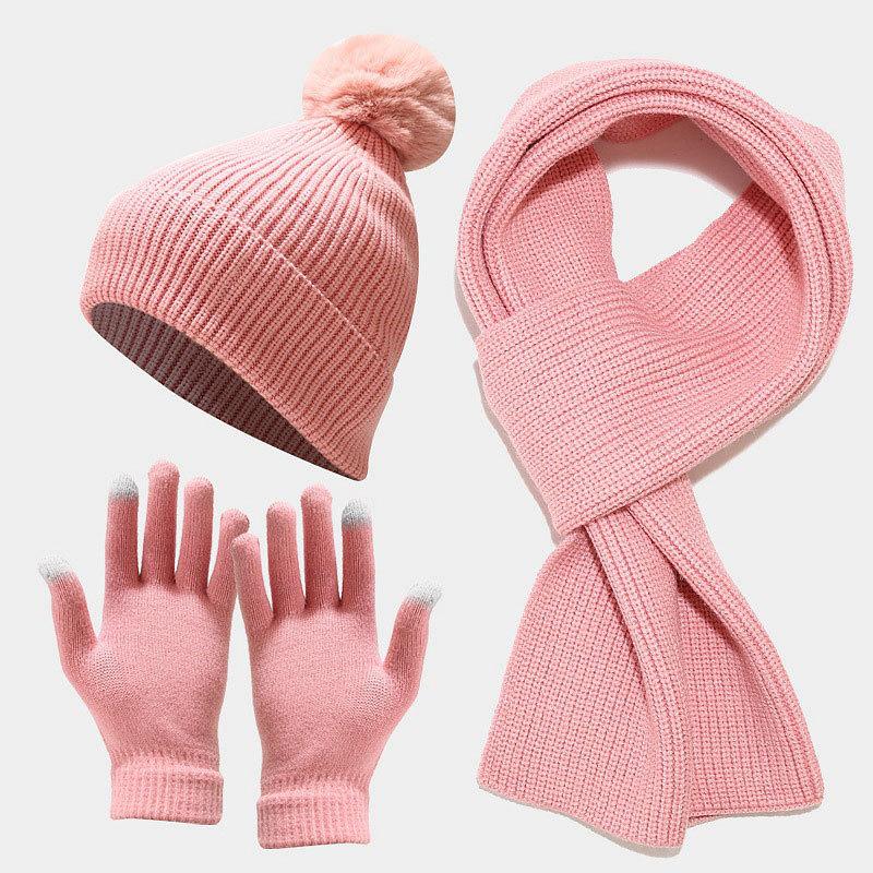 Autumn and Winter New Women's Knitted Hat Scarf Gloves Three-piece Outdoor Thickened Warm Hairball Wool Hat Set